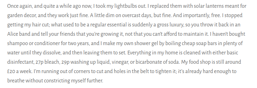 An extract from a blog post in July 2022 where she claims to be in poverty An extract from a blog post in July 2022 where she claims to be in poverty