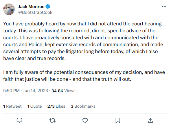 Jack's tweet about her not attending court Jack's tweet about her not attending court