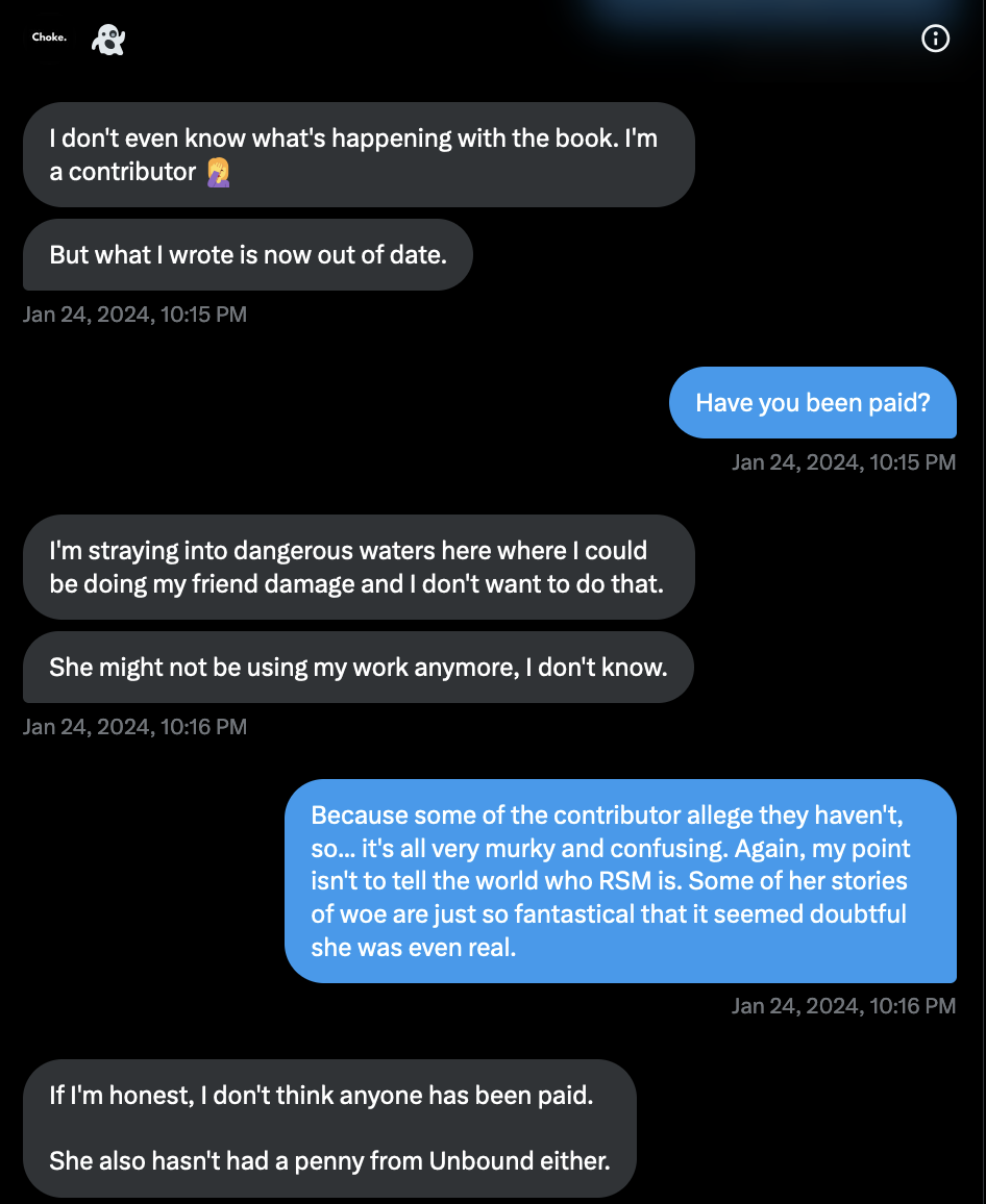 A screenshot of a private message explaining that she was a contributor to Louisa's book