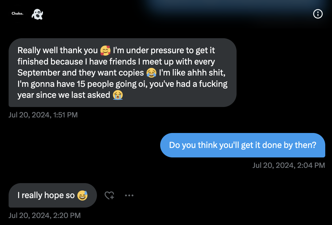 A screenshot of a private message on Twitter indicating she would be finishing the book by September
