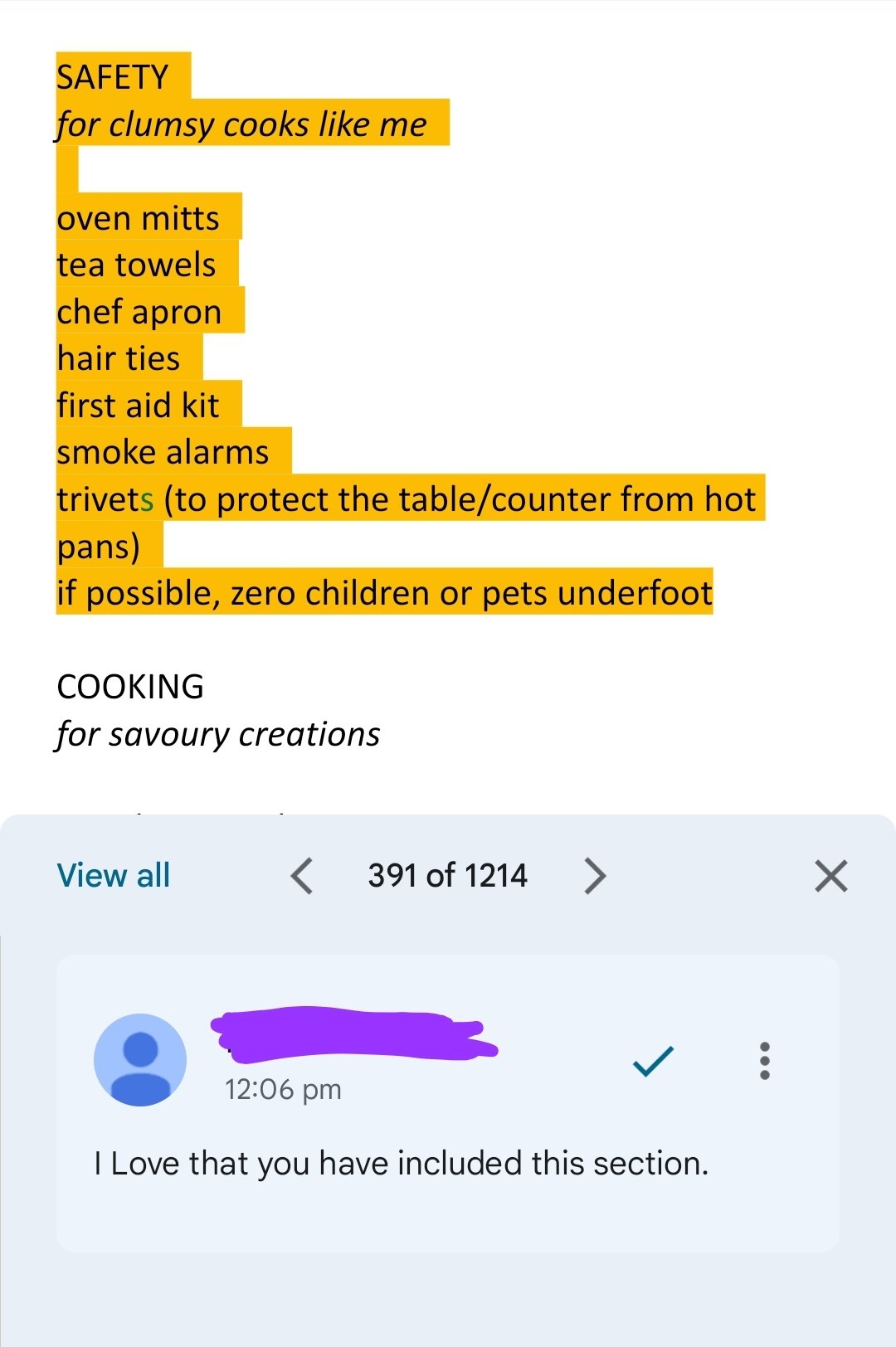 A screenshot of comments left on the manuscript by her proofreader