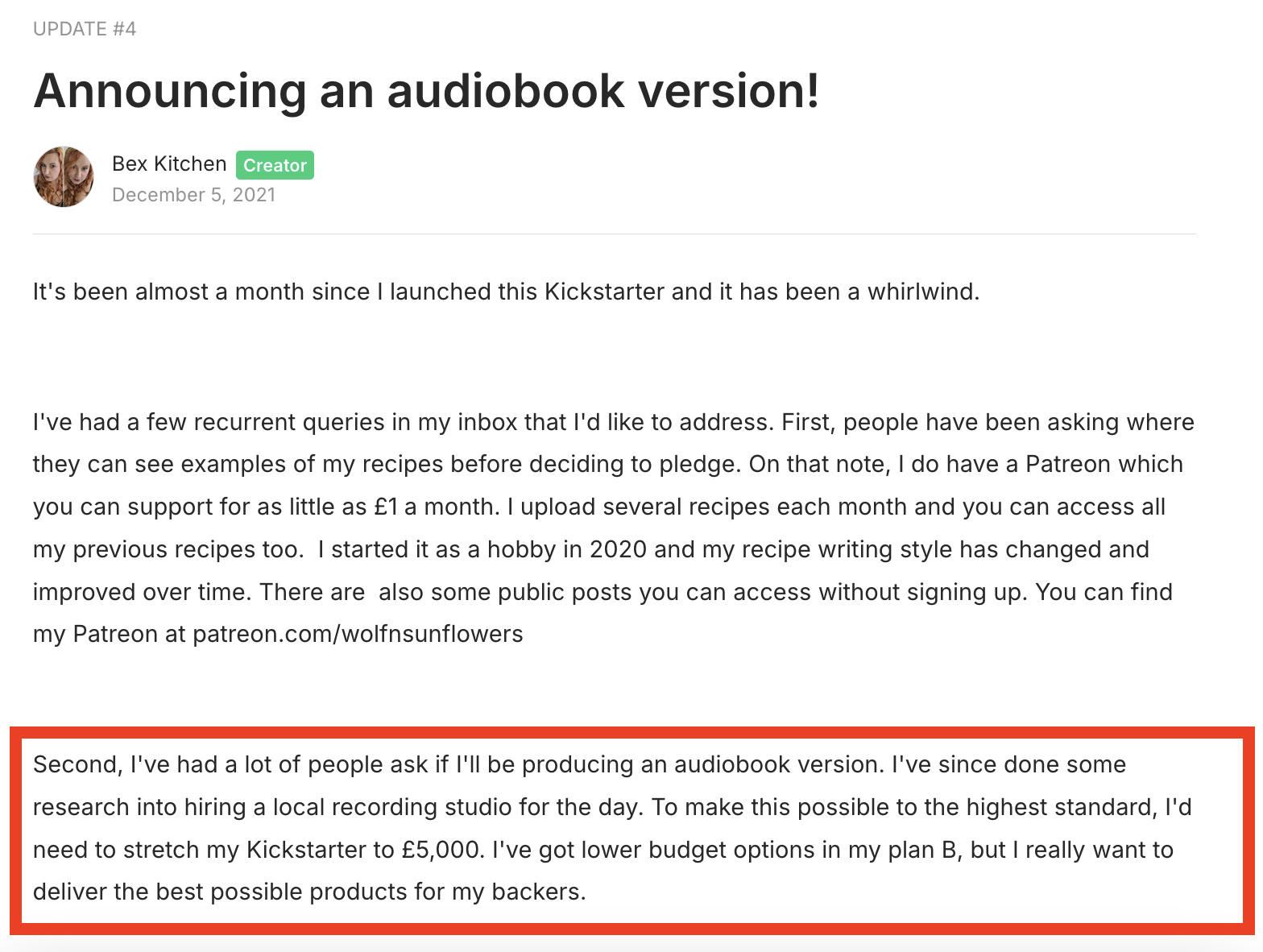 A screenshot of a Kickstarter update informing backers about the new £5,000 stretch goal for an audiobook as well as where people can see examples of her recipes