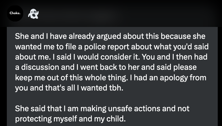 A screenshot of a private message where Rebecca claimed Louisa encouraged her to file a police report