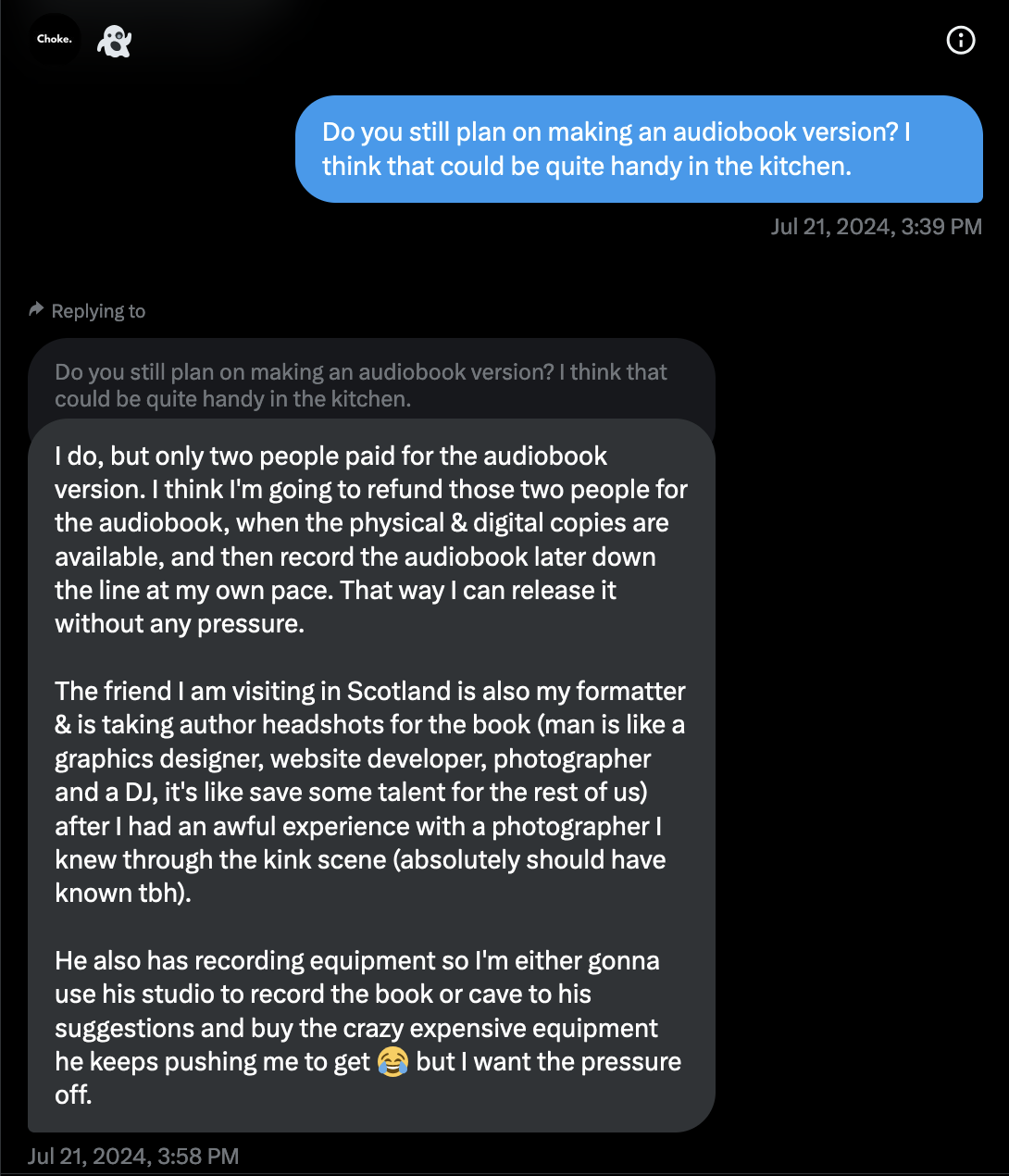 A screenshot of a private message on Twitter explaining why she plans to refund the audiobook backers