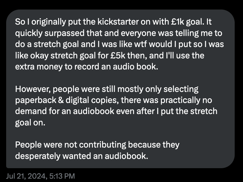 A screenshot of a private message on Twitter explaining why she set up the £5,000 stretch goal
