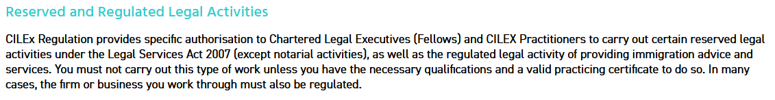 Reserved and regulated activities according to CILEX Regulation