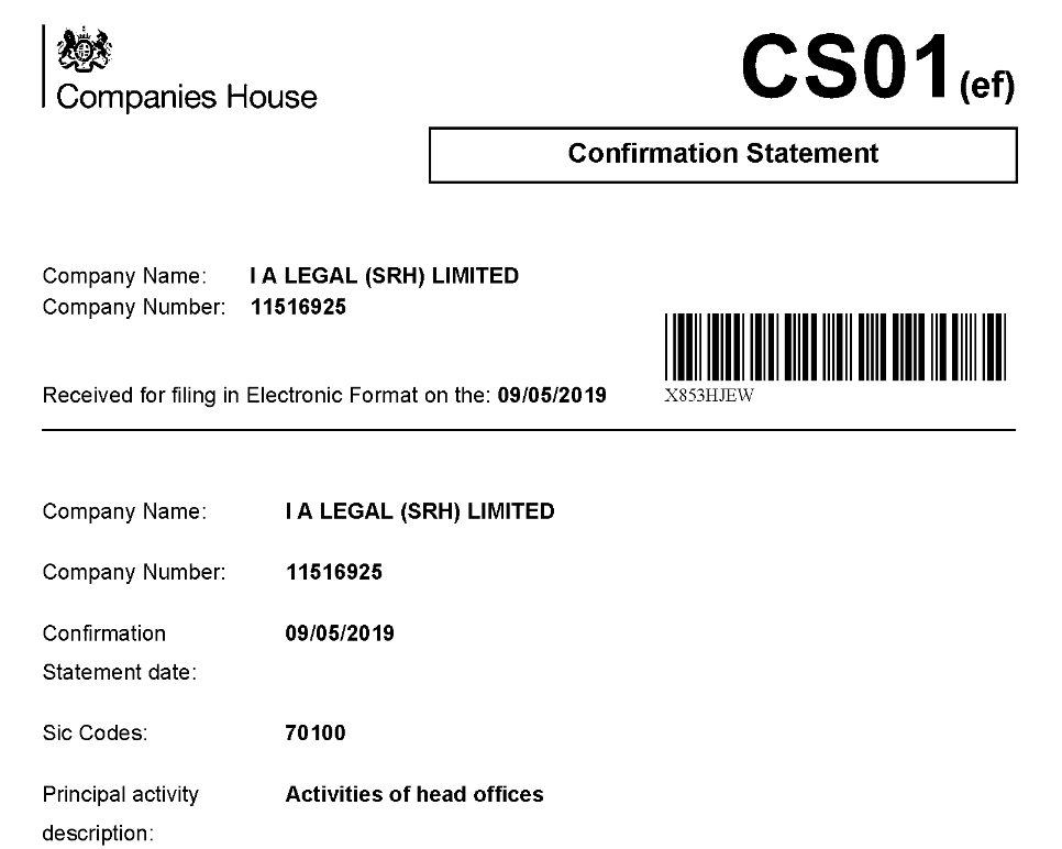 The confirmation statement confirming the SIC code change