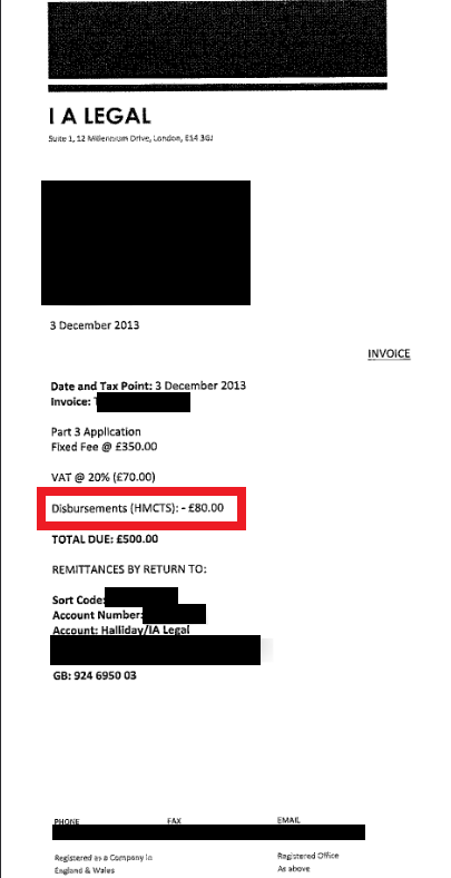 The I A Legal invoice showing a line item for disbursements to HMCTS The I A Legal invoice showing a line item for disbursements to HMCTS