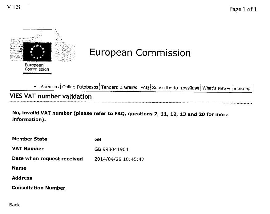 Search results on a VAT number showing it's not registered Search results on a VAT number showing it's not registered