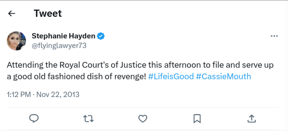 A November 2013 Tweet from Hayden about serving up "revenge" through the courts