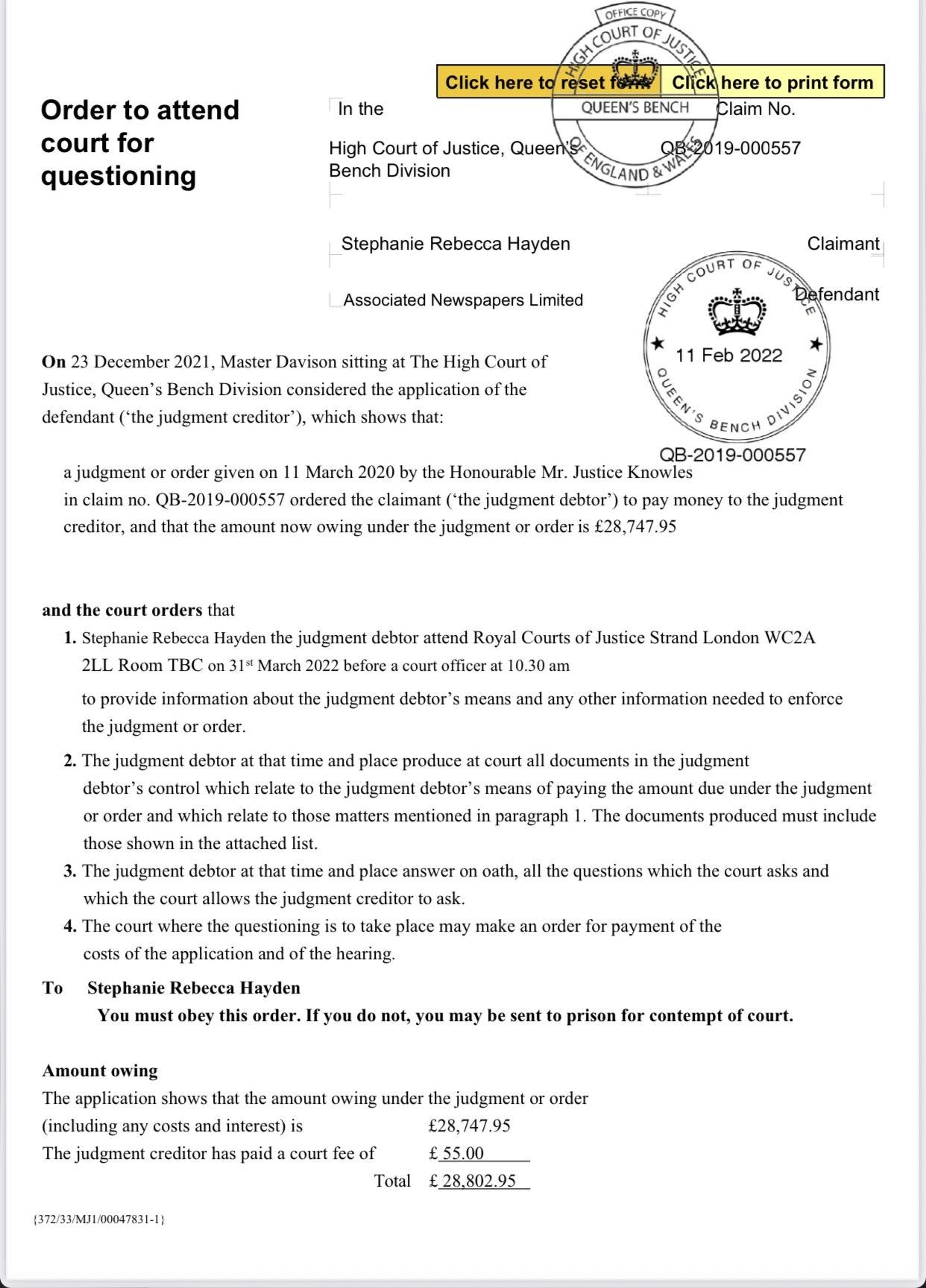 A copy of the order summoning Hayden to account for means in Hayden v Associated Newspapers