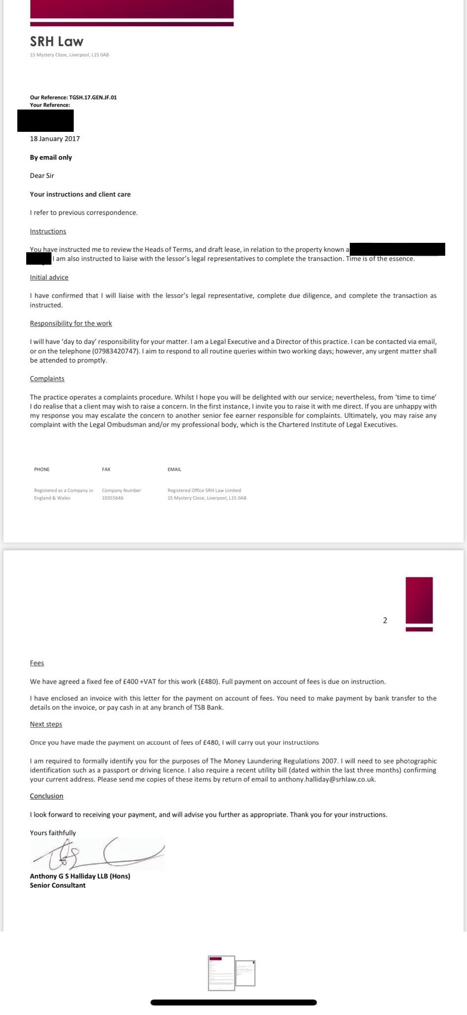 The client care letter from SRH Law