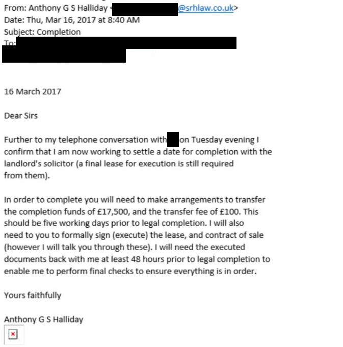 Completion email from SRH Law Limited