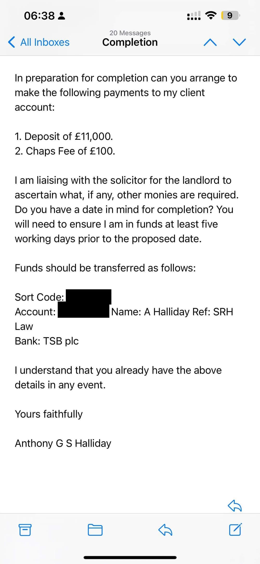 Completion email from SRH Law Limited