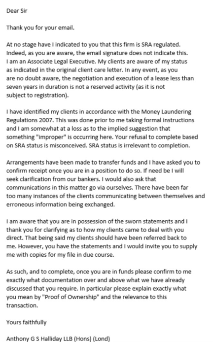 Email to the landlord's solicitors