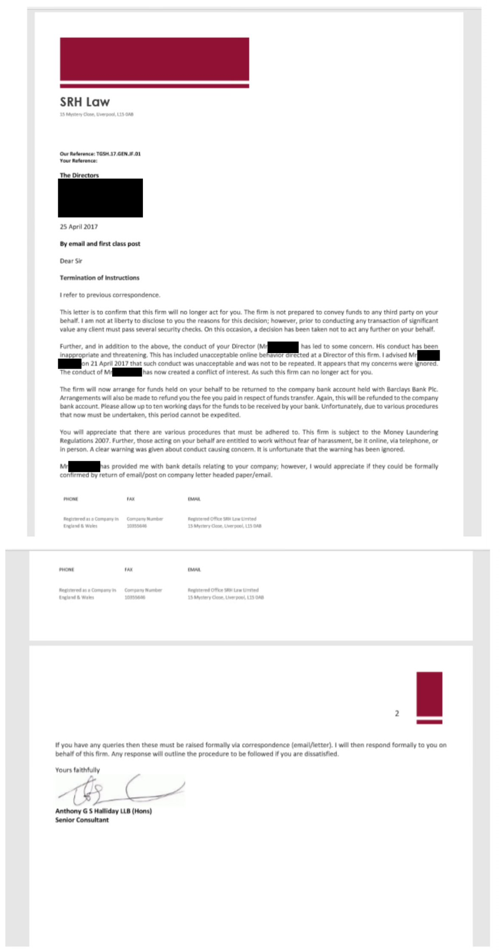 A letter from SRH Law terminating the client relationship