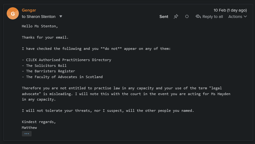 My reply to the first email