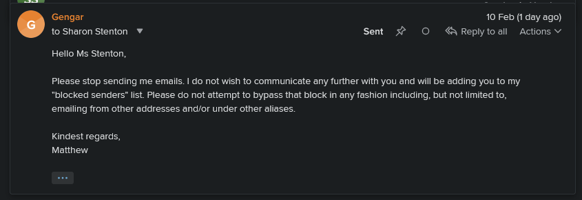 My reply to the fourth unsolicited email